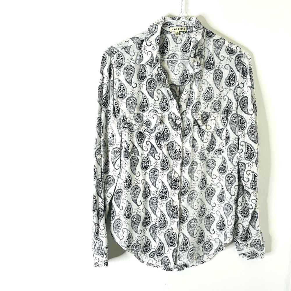 Rag Poets Paisley Button Down Blouse Long Sleeve Boho Top White Black